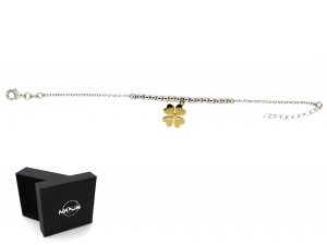 Bracciale con sfere in argento rodiato e ciondolino a forma di Quadrifoglio portafortuna in argento placcato oro. 